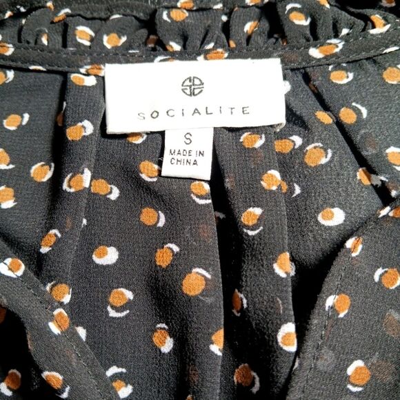 SOCIALITE Long Sleeve Semi-sheer Black Dress With Brown & White Dots Size Small - Picture 8 of 9